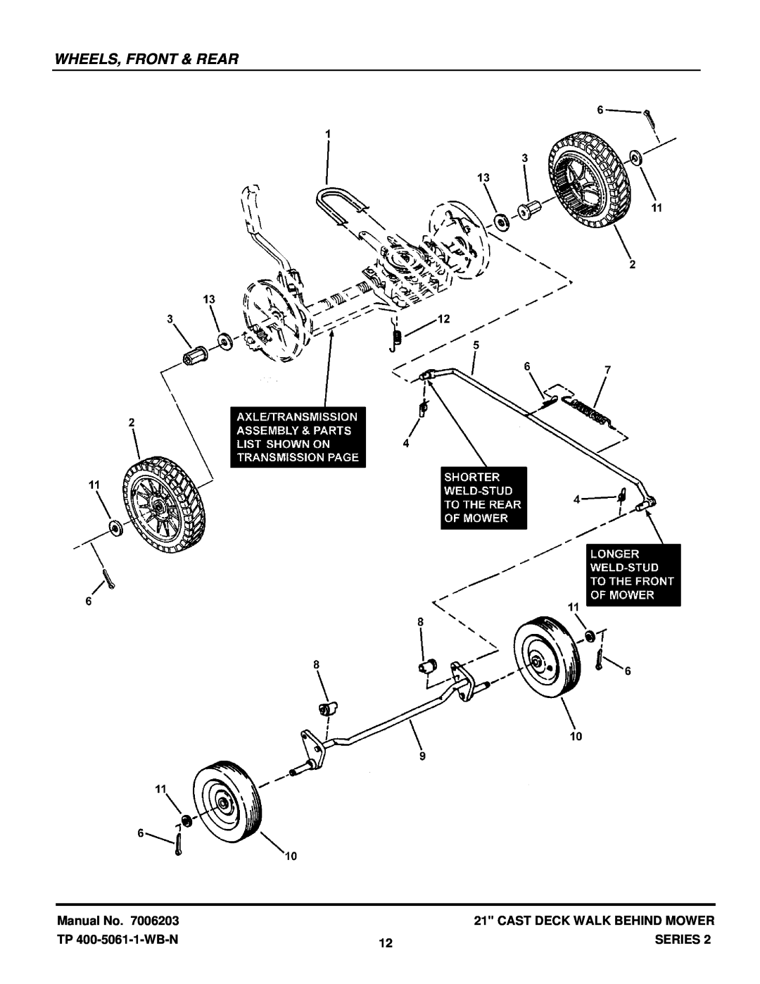 Snapper ECLP21602KWV manual Wheels, Front & Rear, Cast Deck Walk Behind Mower, TP 400-5061-1-WB-N, Series 
