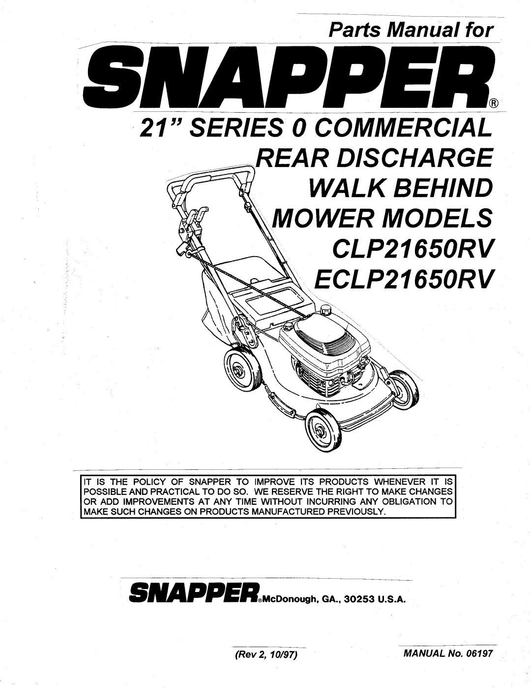 Snapper ECLP21650RV manual 