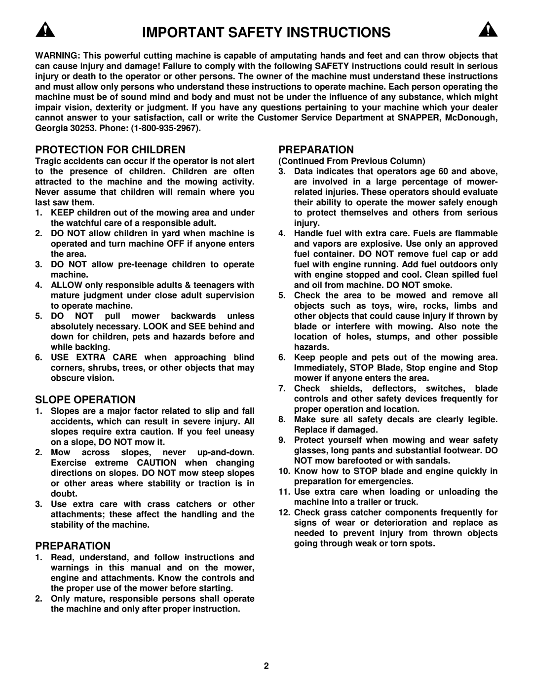 Snapper EFRP216516BV important safety instructions Protection for Children, Slope Operation, Preparation 