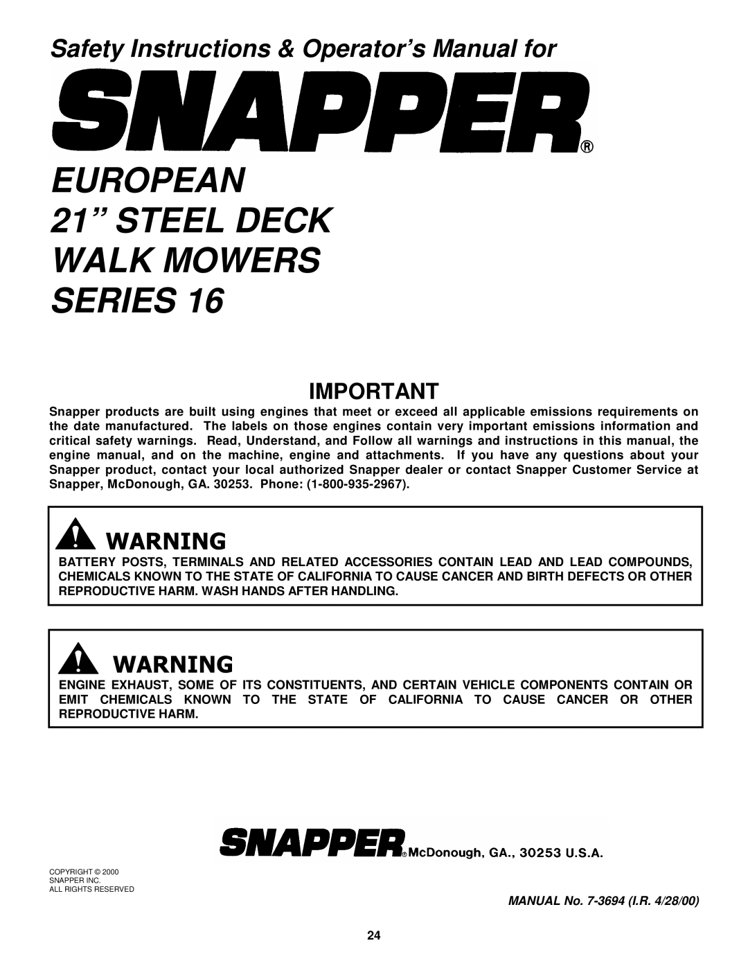 Snapper EFRP216516BV important safety instructions European Steel Deck Walk Mowers Series 