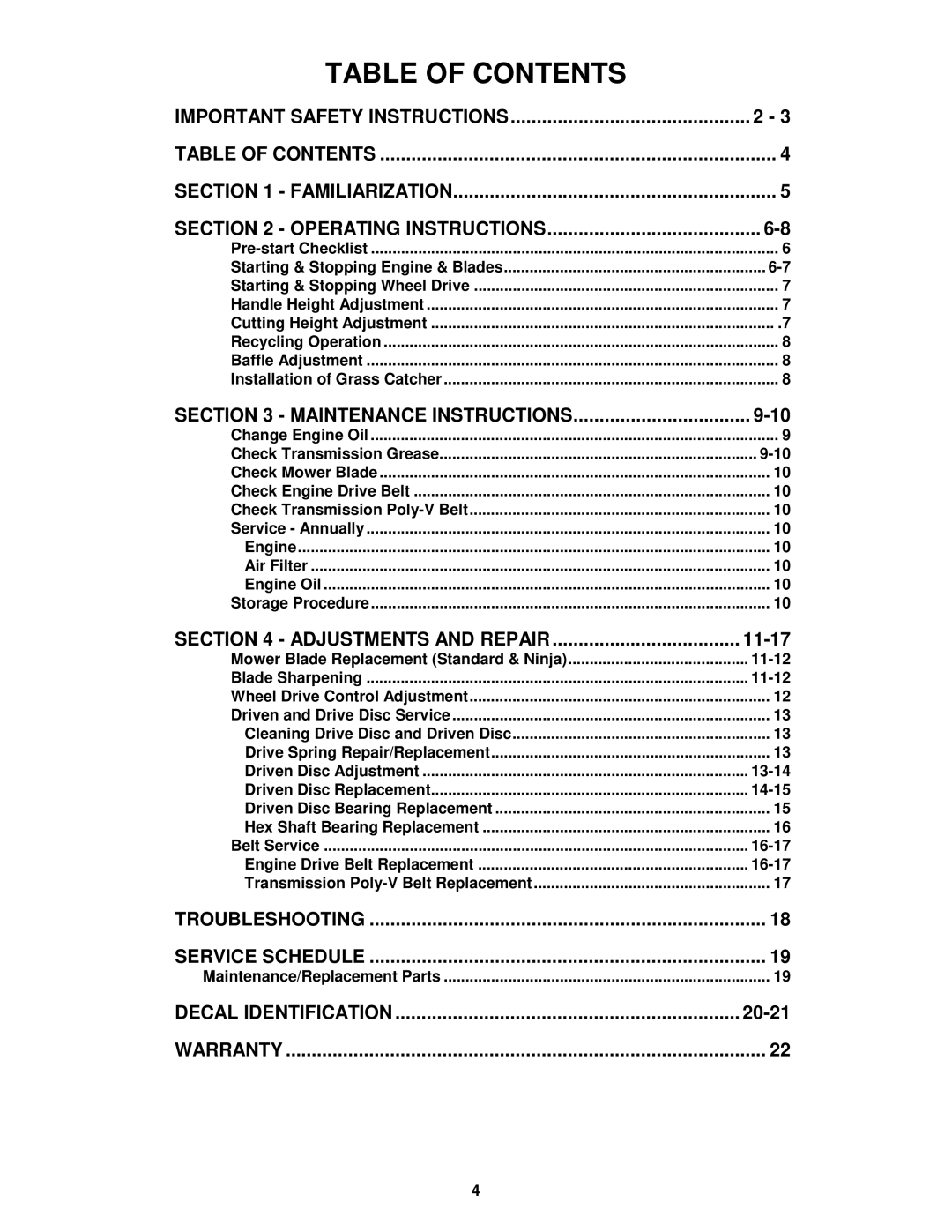 Snapper EFRP216516BV important safety instructions Table of Contents 