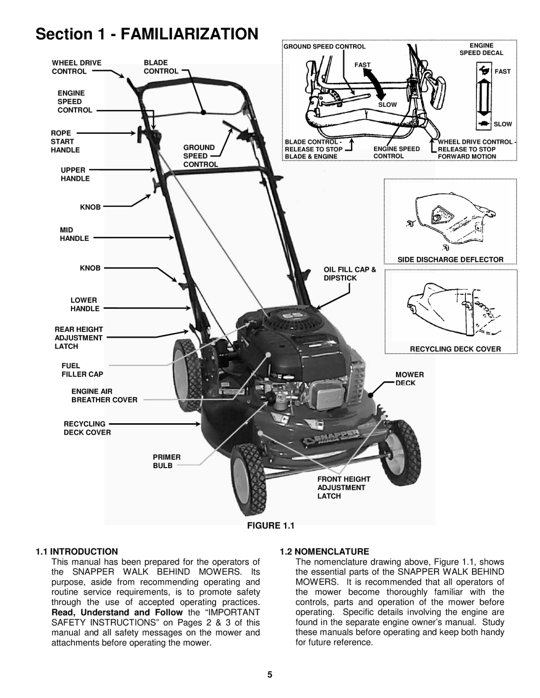 Snapper EFRP216516BV important safety instructions Familiarization, Introduction, Nomenclature 