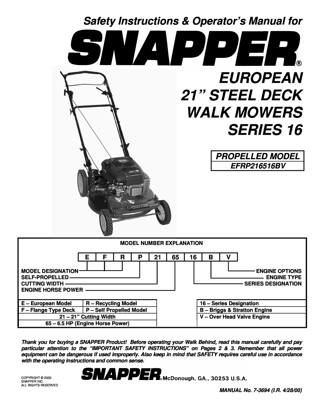 Snapper EFRP216516BV important safety instructions EUROPEAN 21” STEEL DECK WALK MOWERS SERIES, Propelled Model 