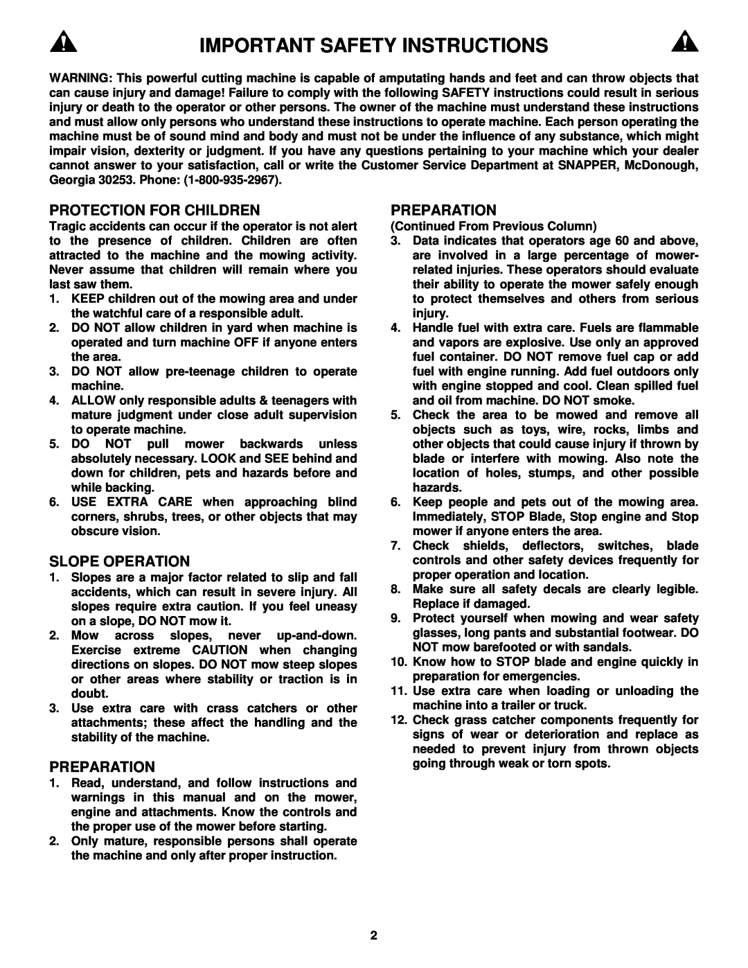 Snapper EFRP216516BV important safety instructions Important Safety Instructions 