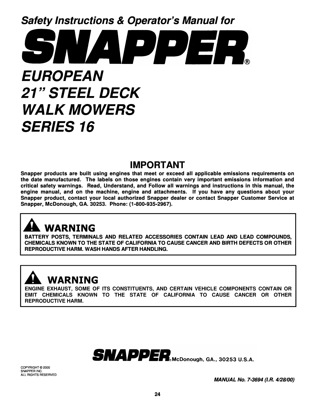 Snapper EFRP216516BV EUROPEAN 21” STEEL DECK WALK MOWERS SERIES, Safety Instructions & Operator’s Manual for 