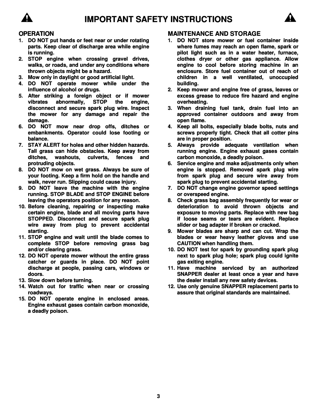 Snapper EFRP216516BV important safety instructions Important Safety Instructions, Operation, Maintenance And Storage 