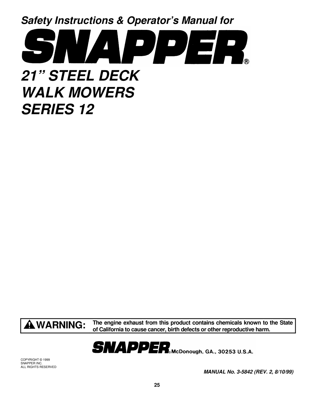 Snapper P216012TV, FRP216012TV, EFRP216012TV, EFRP216512TV, EFRP216516TV Steel Deck Walk Mowers Series 