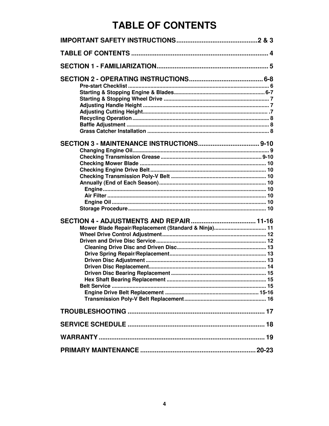 Snapper P216012TV, FRP216012TV, EFRP216012TV, EFRP216512TV, EFRP216516TV important safety instructions Table of Contents 