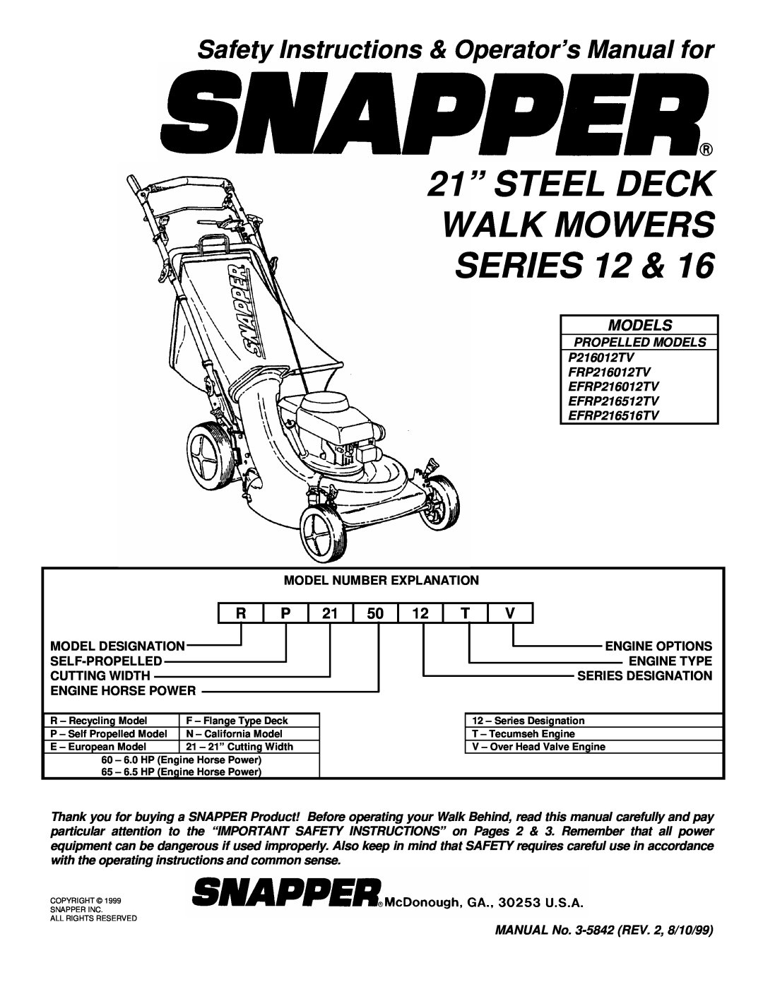 Snapper P216012TV, FRP216012TV, EFRP216012TV, EFRP216512TV, EFRP216516TV important safety instructions Models 