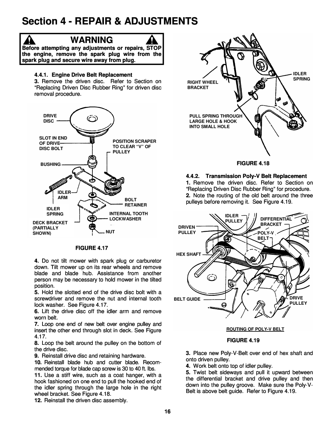 Snapper EFRP216516TV important safety instructions Repair & Adjustments, Engine Drive Belt Replacement 
