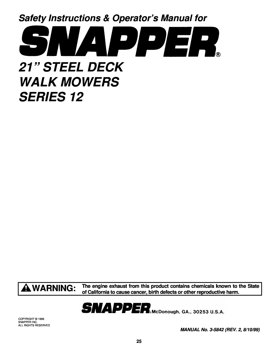 Snapper P216012TV, FRP216012TV, EFRP216012TV, EFRP216512TV, EFRP216516TV 21” STEEL DECK WALK MOWERS SERIES 