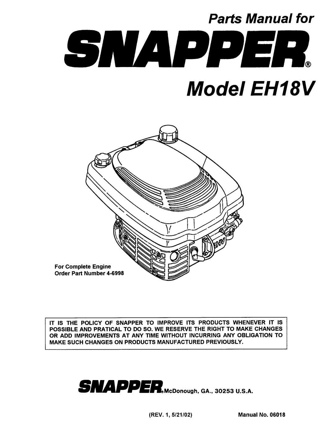 Snapper EH18V manual 