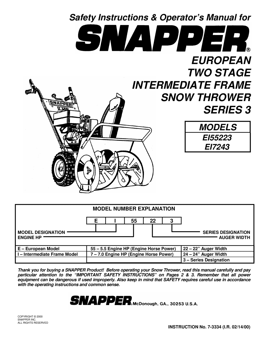 Snapper EI7243, EI55223 important safety instructions Model Number Explanation, Instruction No -3334 I.R /14/00 