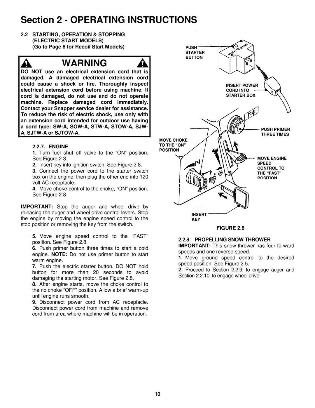 Snapper EI55223, EI7243 important safety instructions STARTING, Operation & Stopping Electric Start Models 