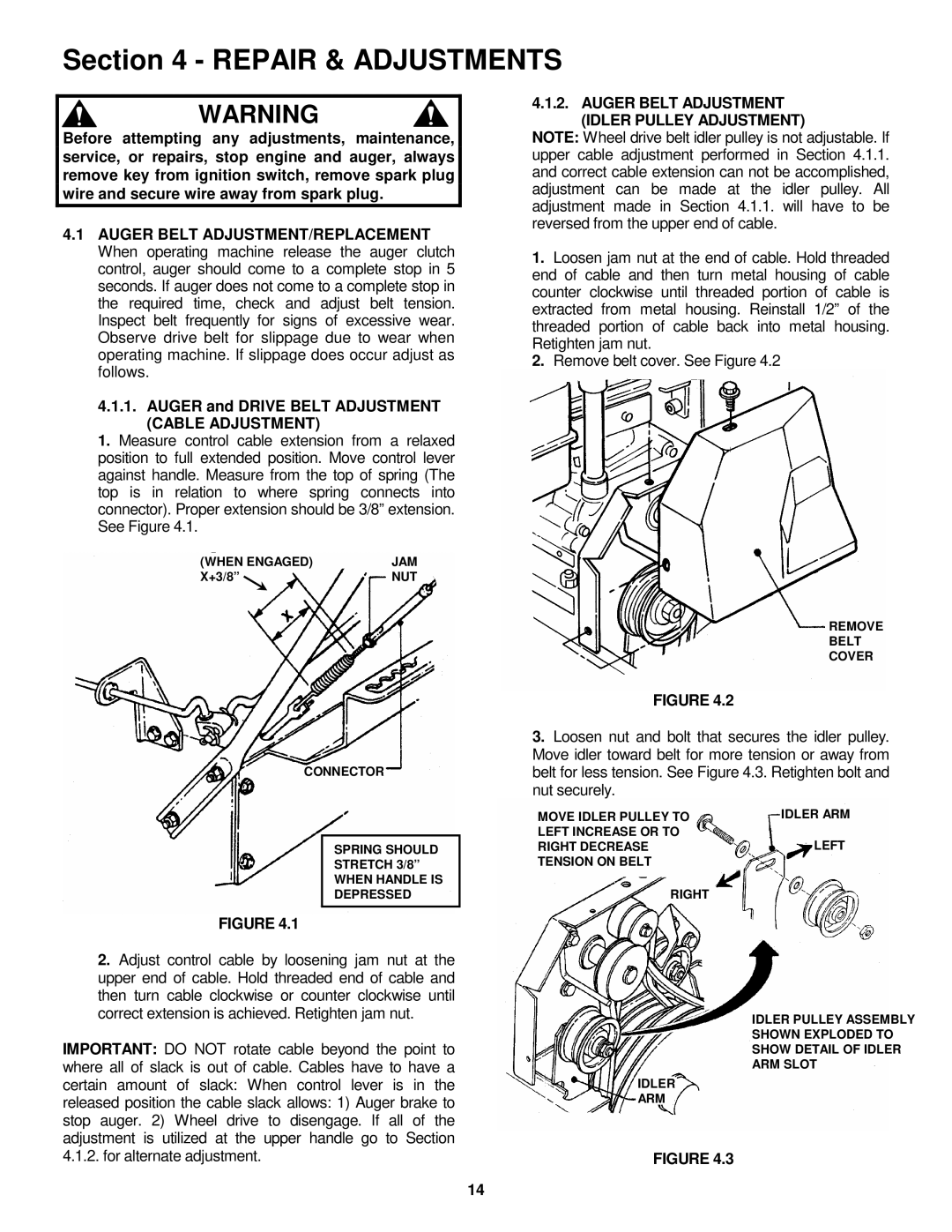 Snapper EI55223, EI7243 important safety instructions Repair & Adjustments, Auger Belt Adjustment Idler Pulley Adjustment 