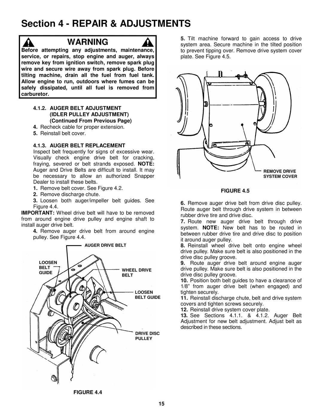 Snapper EI7243, EI55223 important safety instructions Auger Belt Replacement 