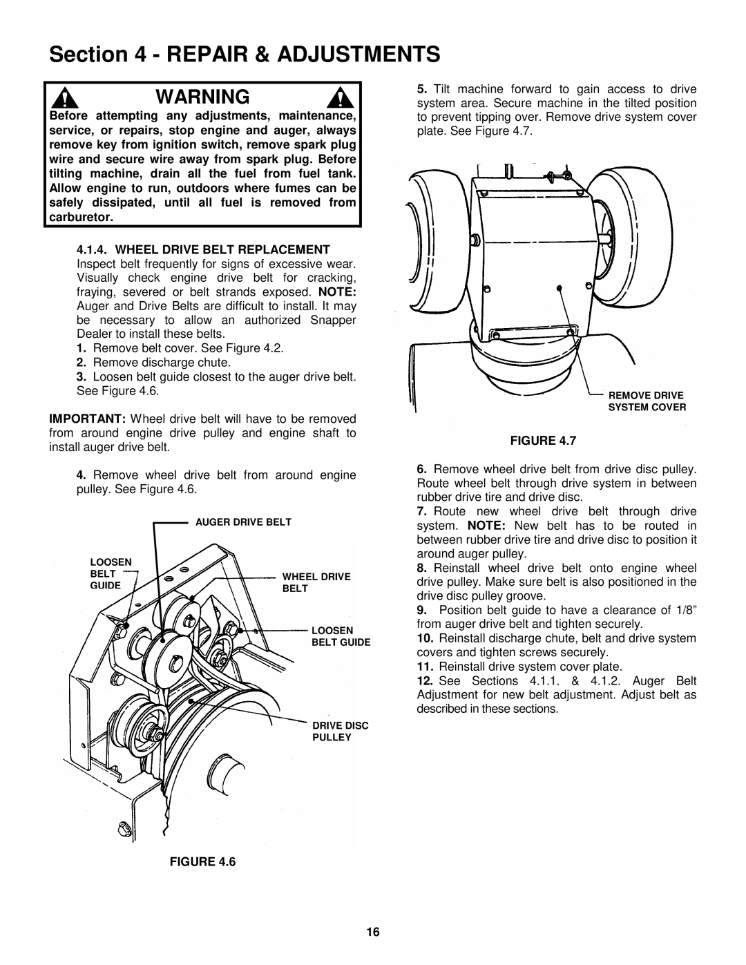 Snapper EI55223, EI7243 important safety instructions Repair & Adjustments 