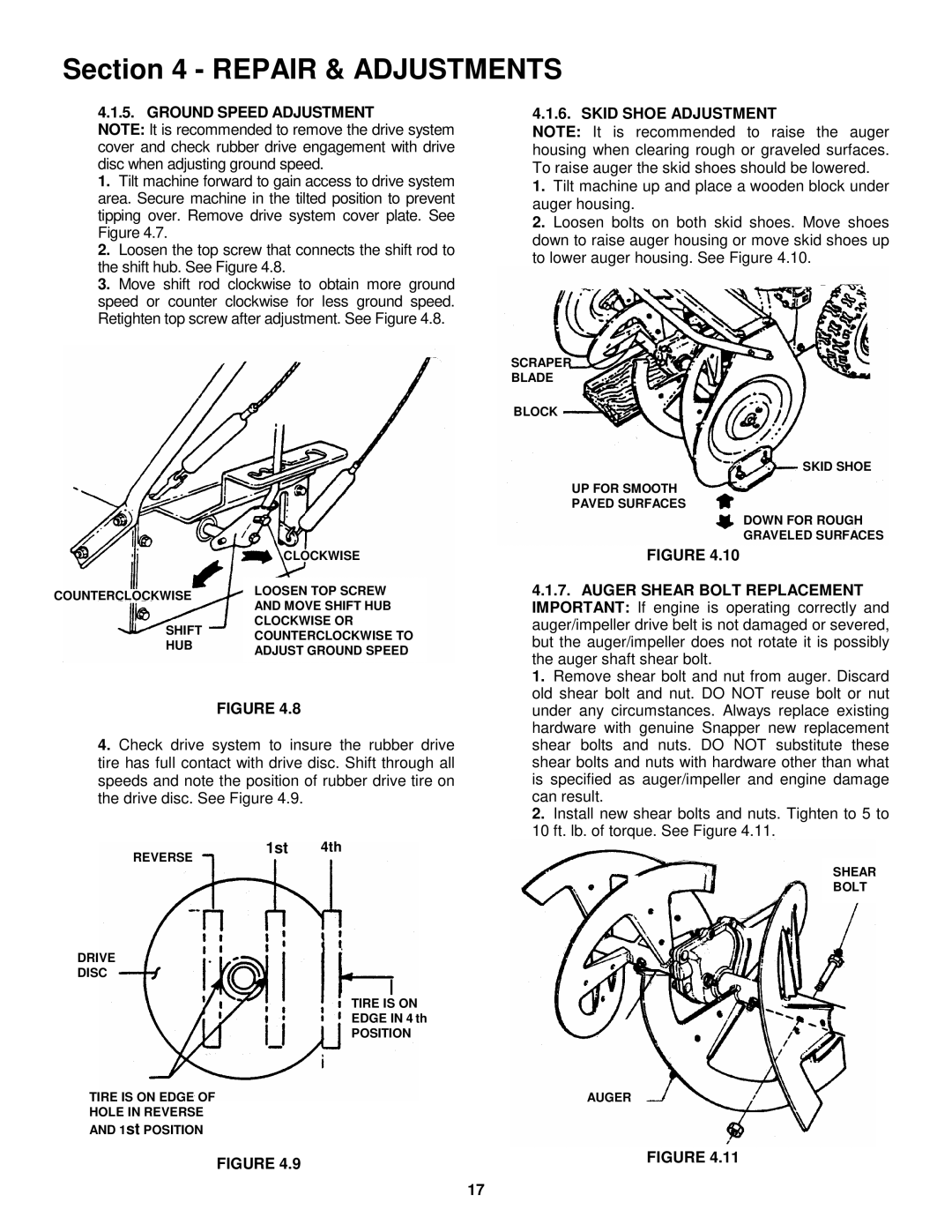 Snapper EI7243, EI55223 important safety instructions Ground Speed Adjustment, Skid Shoe Adjustment, 1st 4th 