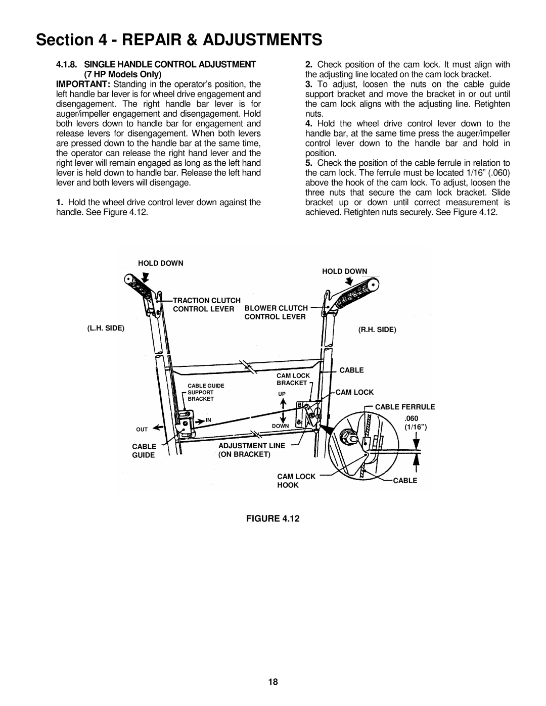 Snapper EI55223, EI7243 important safety instructions Single Handle Control Adjustment 7 HP Models Only 