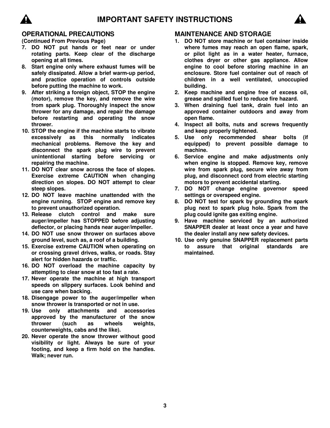 Snapper EI7243, EI55223 important safety instructions Maintenance and Storage 