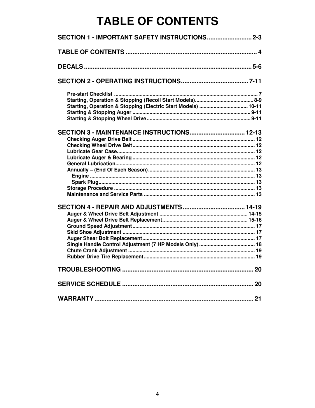 Snapper EI55223, EI7243 important safety instructions Table of Contents 