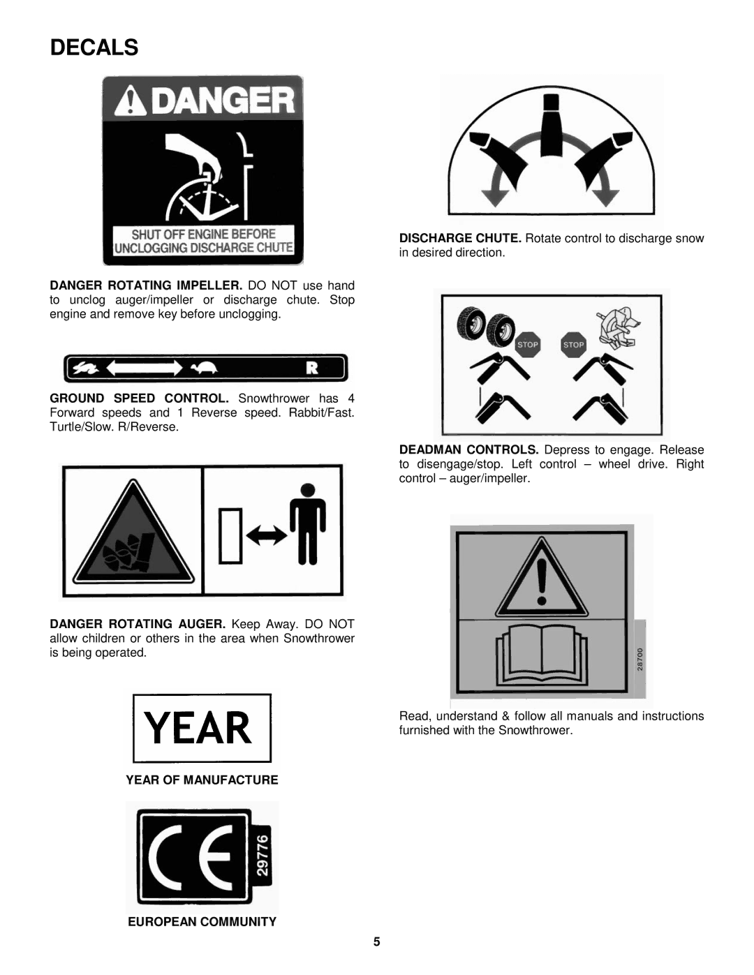 Snapper EI7243, EI55223 important safety instructions Decals, Year of Manufacture European Community 