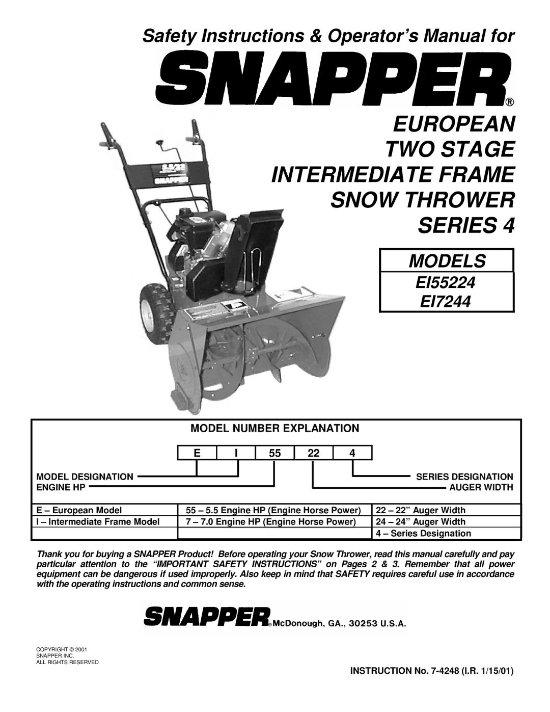 Snapper EI55224, EI7244 important safety instructions Model Number Explanation, Instruction No -4248 I.R /15/01 