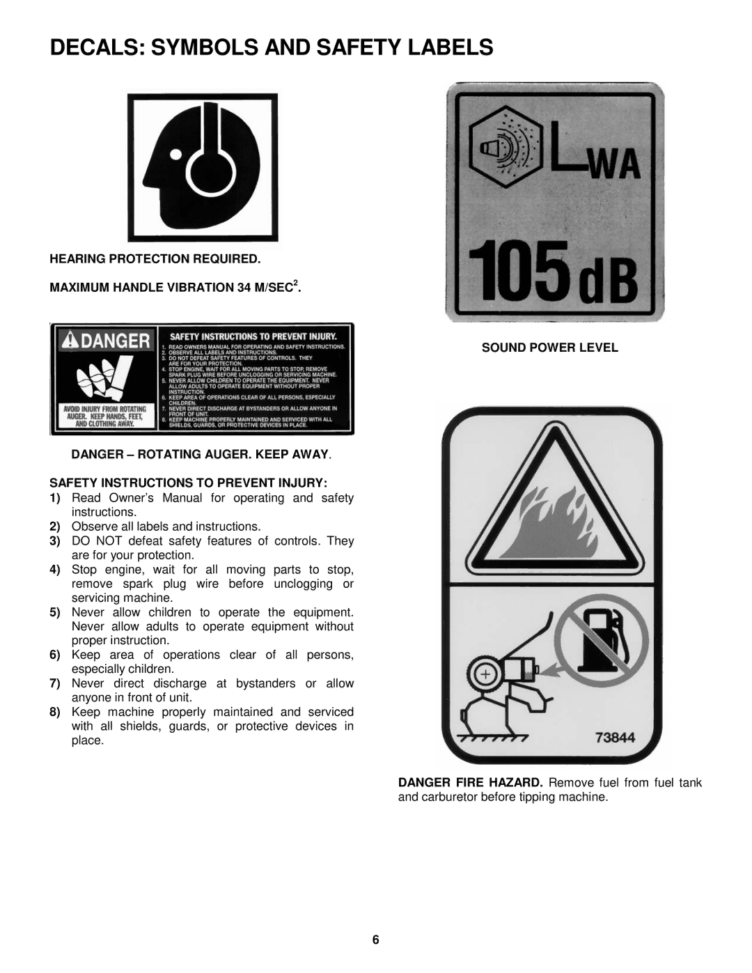 Snapper EI55224, EI7244 important safety instructions Sound Power Level 