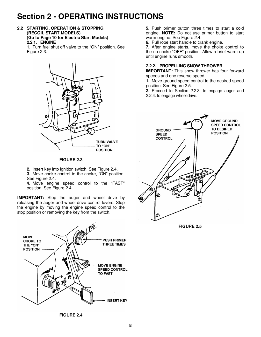 Snapper EI55224, EI7244 important safety instructions STARTING, Operation & Stopping Recoil Start Models 