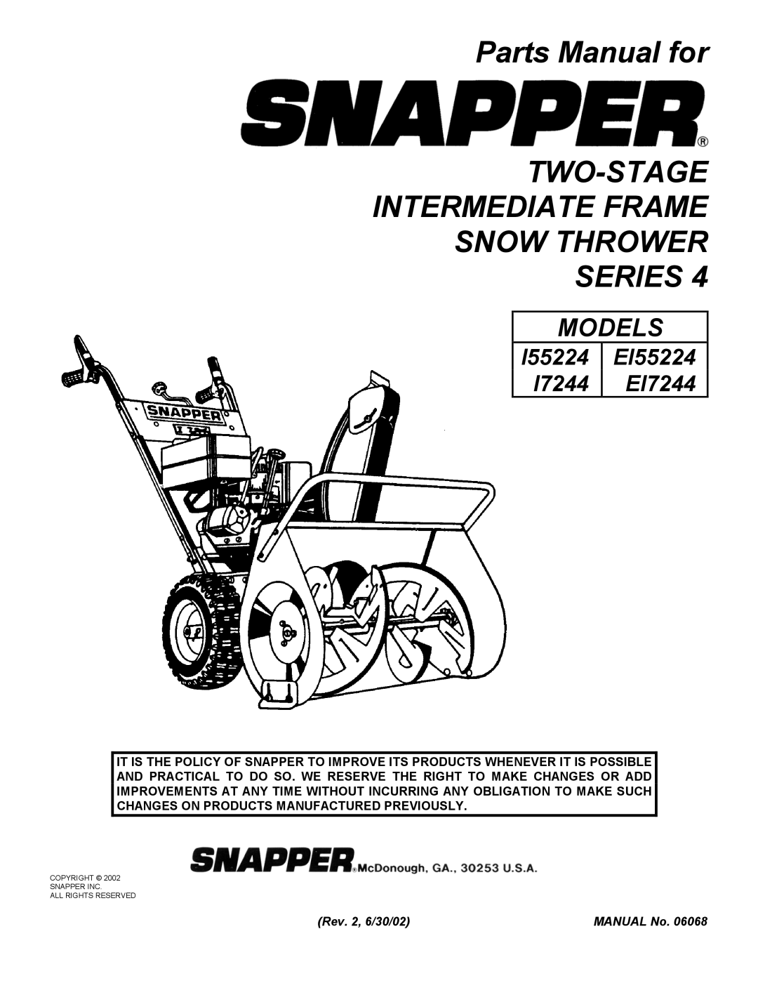 Snapper EI55224, EI7244, 17244, 155224 manual TWO-STAGE Intermediate Frame Snow Thrower Series 