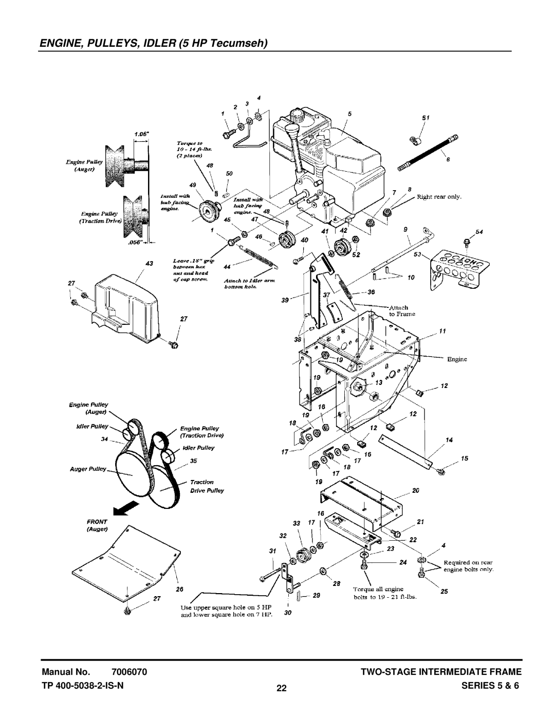 Snapper EI75225, I85245E manual ENGINE, PULLEYS, Idler 5 HP Tecumseh 