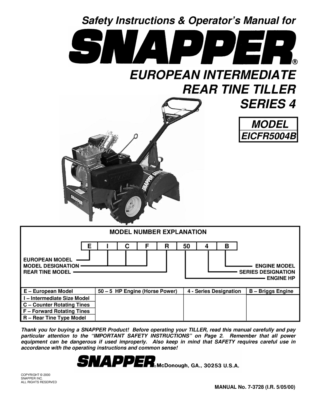 Snapper EICFR5004B important safety instructions European Intermediate Rear Tine Tiller Series, Model Number Explanation 