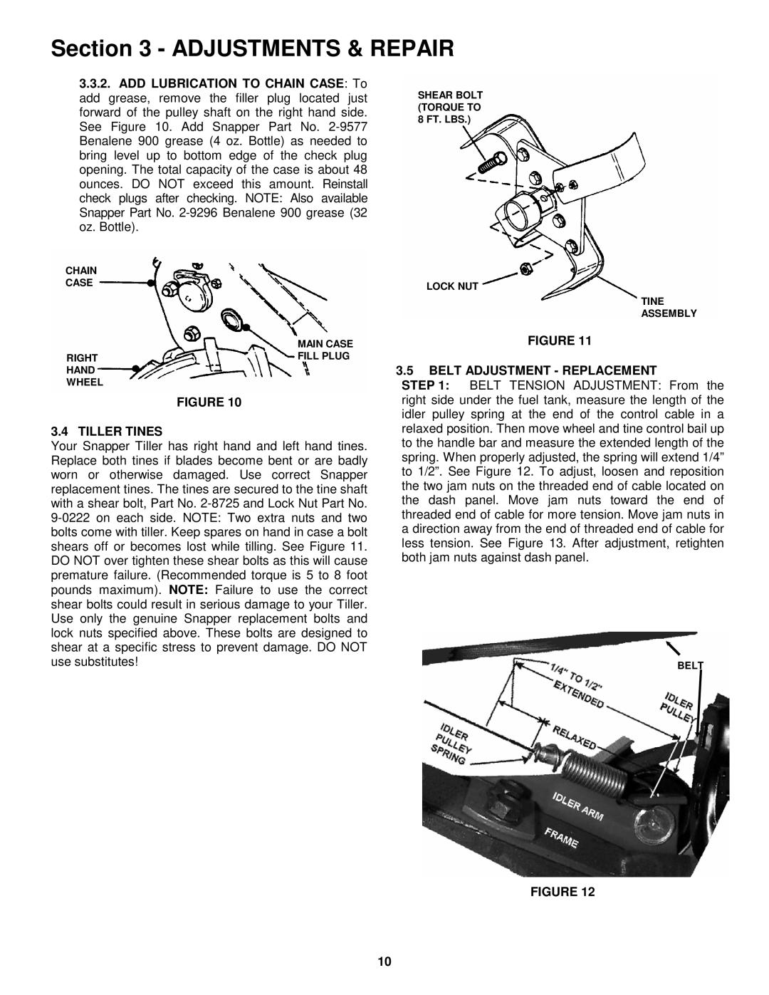 Snapper EICFR5004B important safety instructions Tiller Tines, Belt Adjustment Replacement 