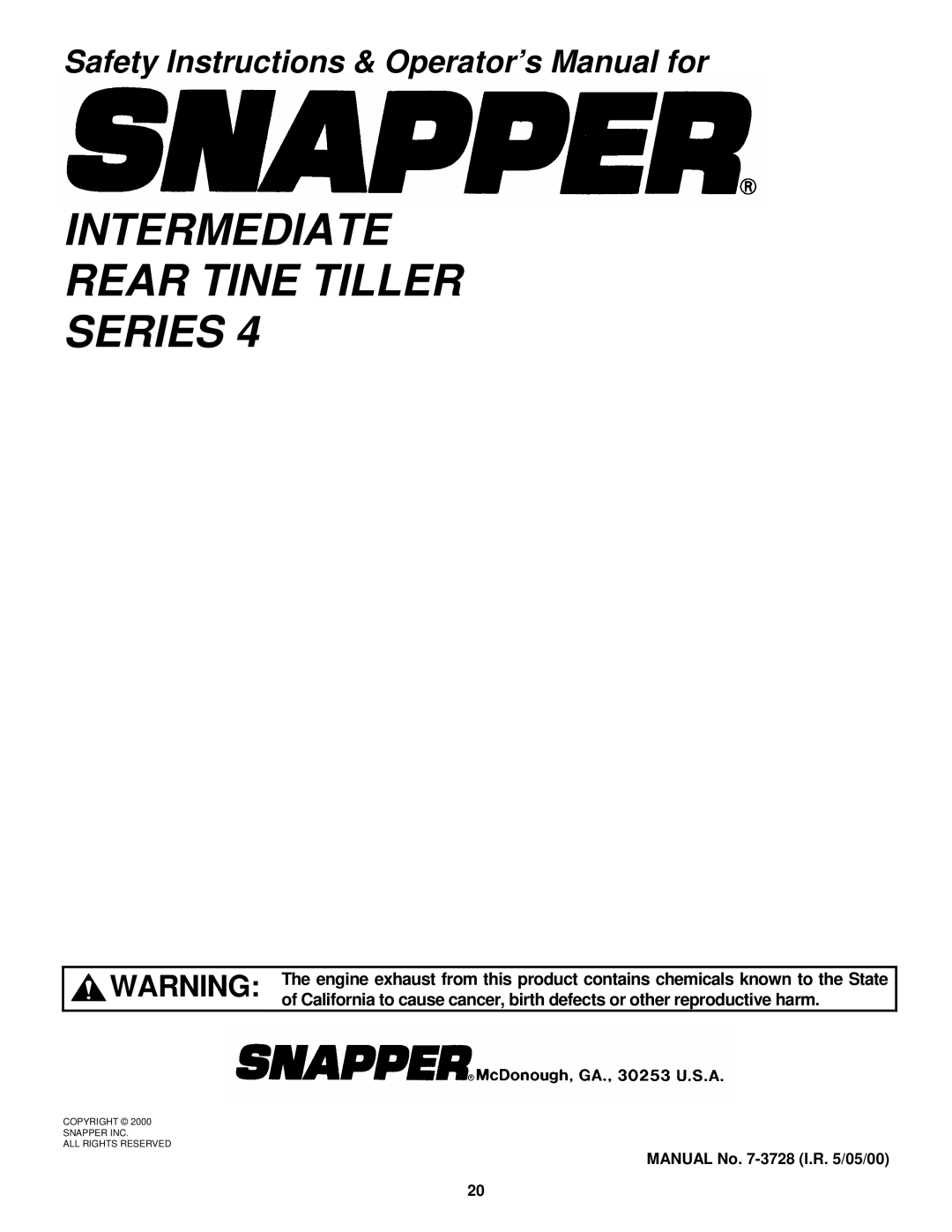 Snapper EICFR5004B important safety instructions Intermediate Rear Tine Tiller Series 