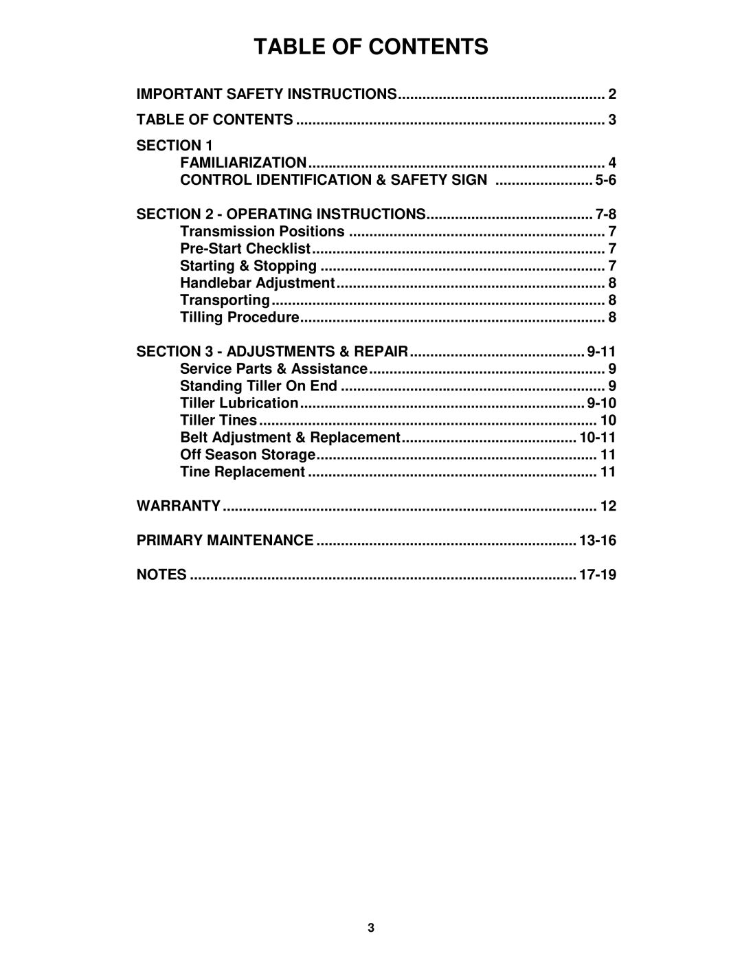 Snapper EICFR5004B important safety instructions Table of Contents 