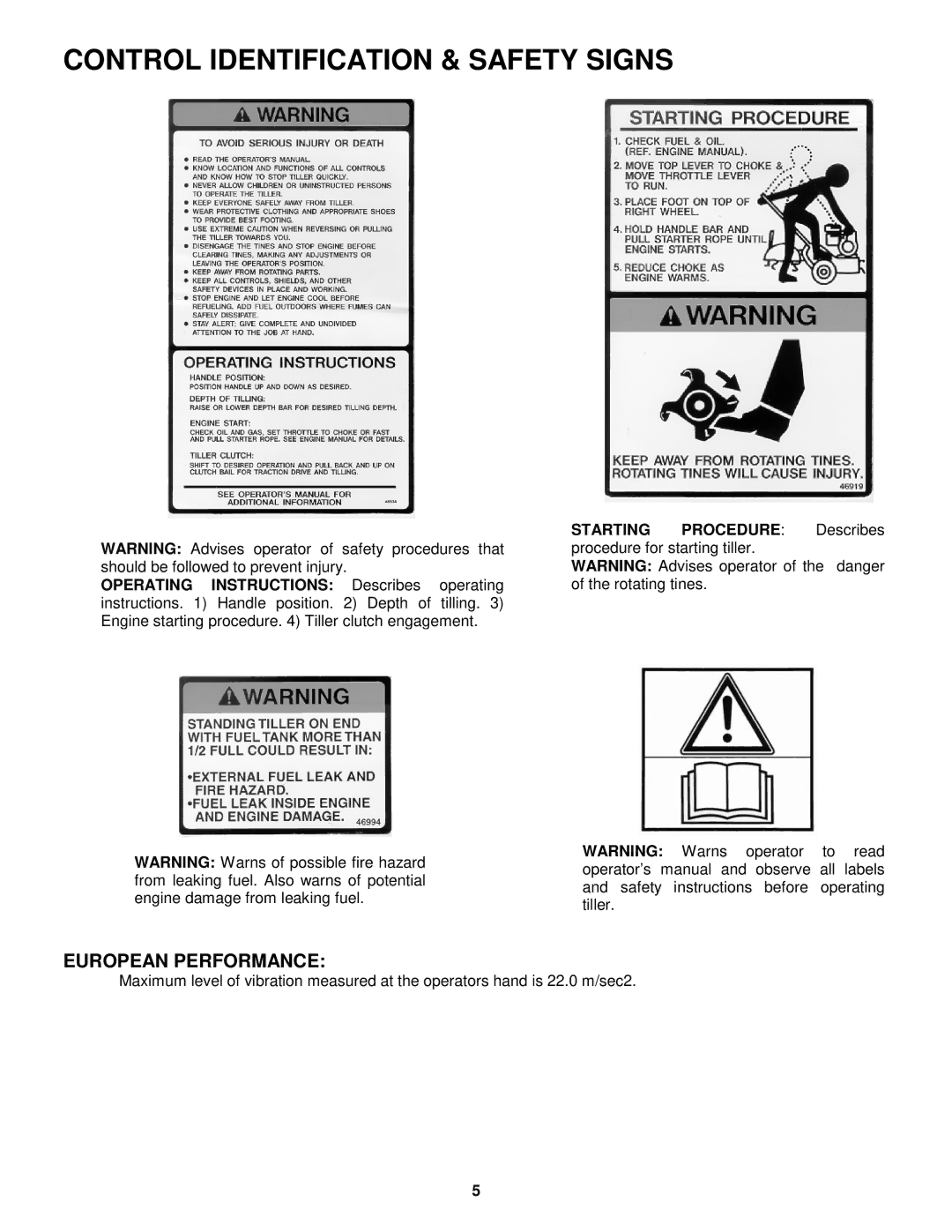 Snapper EICFR5004B important safety instructions Control Identification & Safety Signs, European Performance 