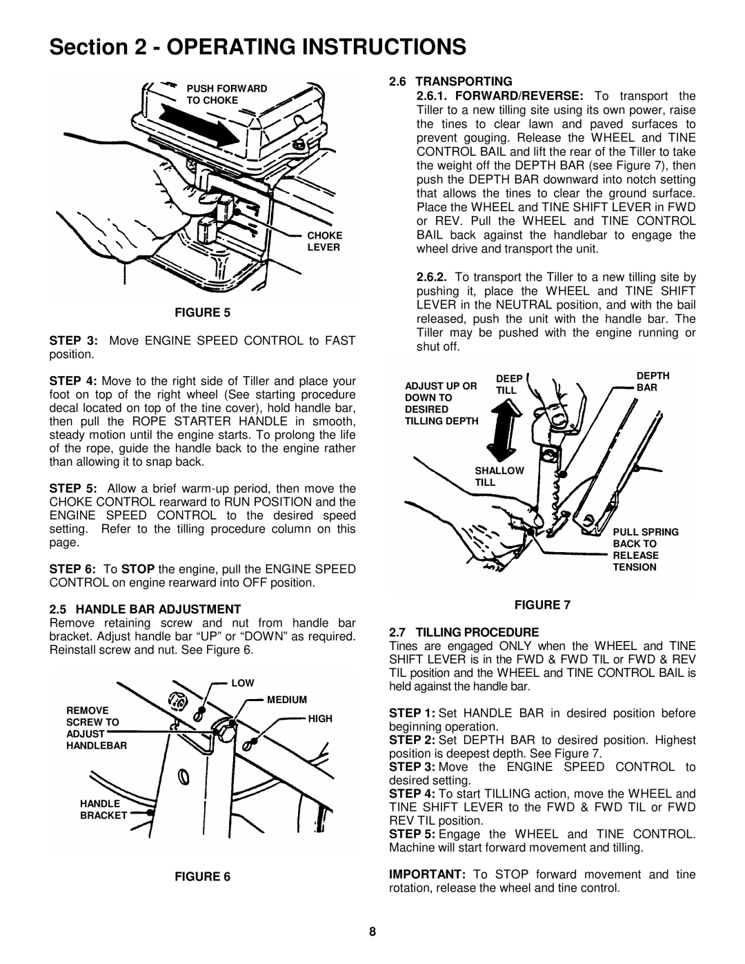 Snapper EICFR5004B important safety instructions Handle BAR Adjustment, Transporting, Tilling Procedure 