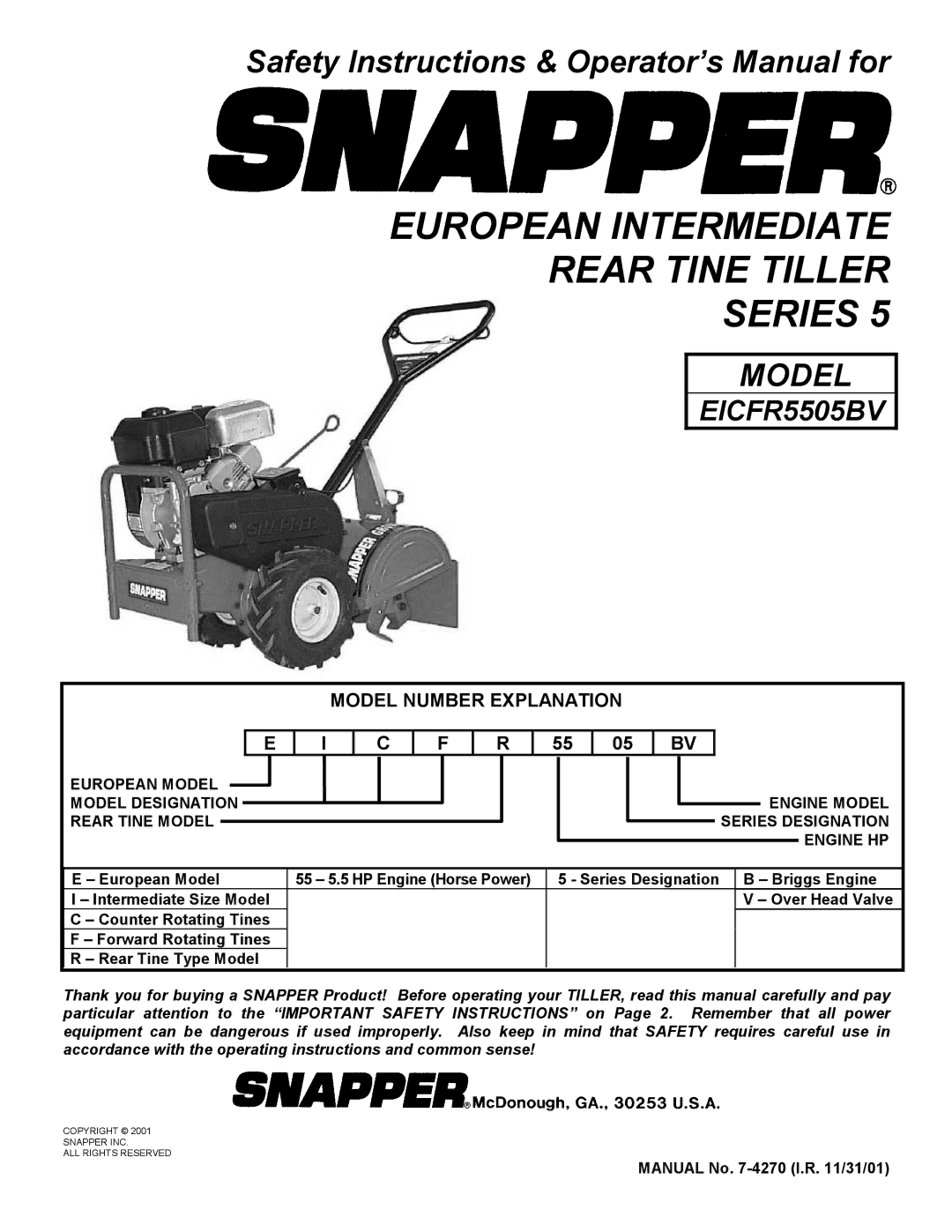 Snapper EICFR5505BV important safety instructions European Intermediate Rear Tine Tiller Series, Model Number Explanation 