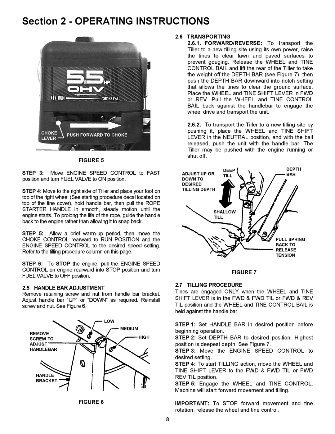 Snapper EICFR5505BV important safety instructions Handle BAR Adjustment, Transporting, Tilling Procedure 