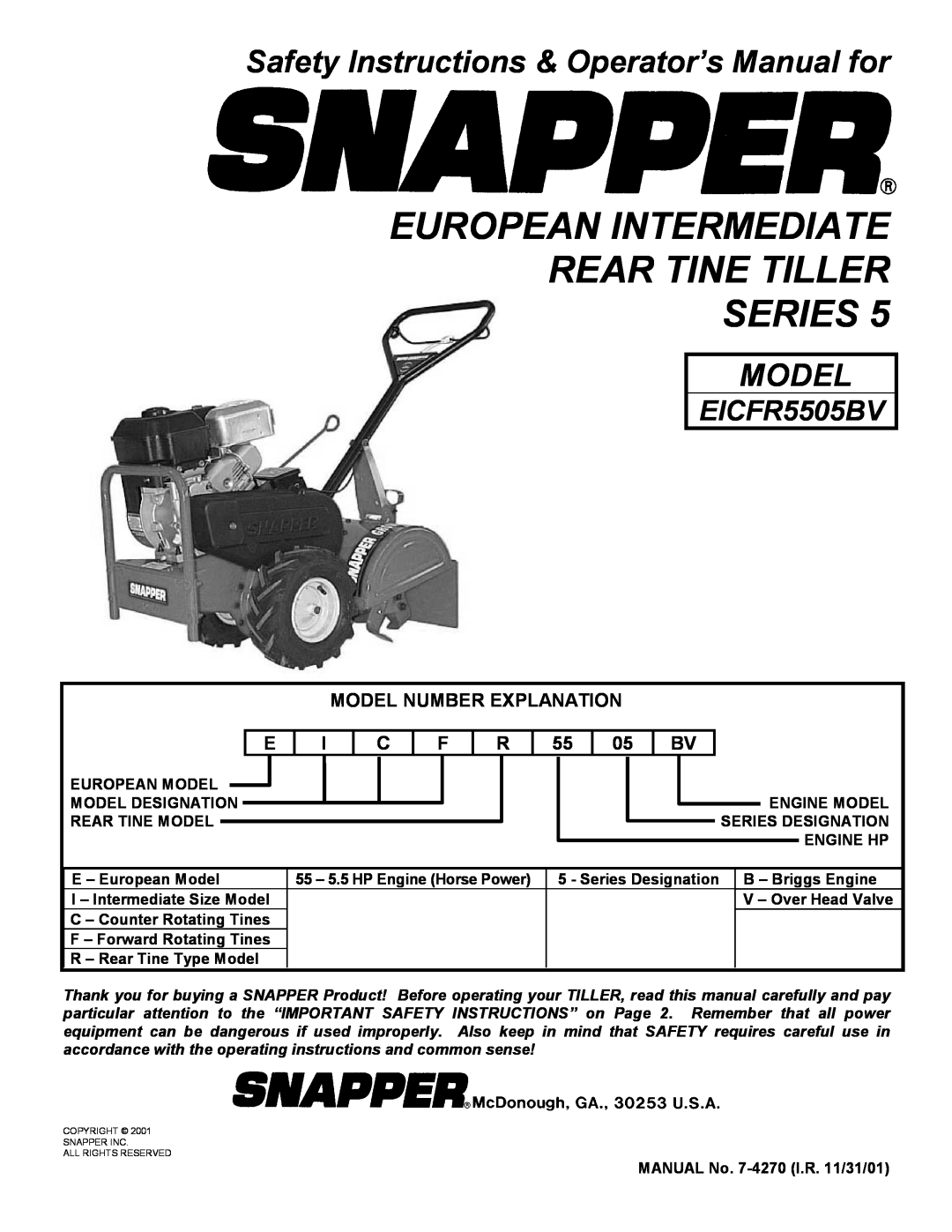 Snapper EICFR5505BV important safety instructions Safety Instructions & Operator’s Manual for, Model 