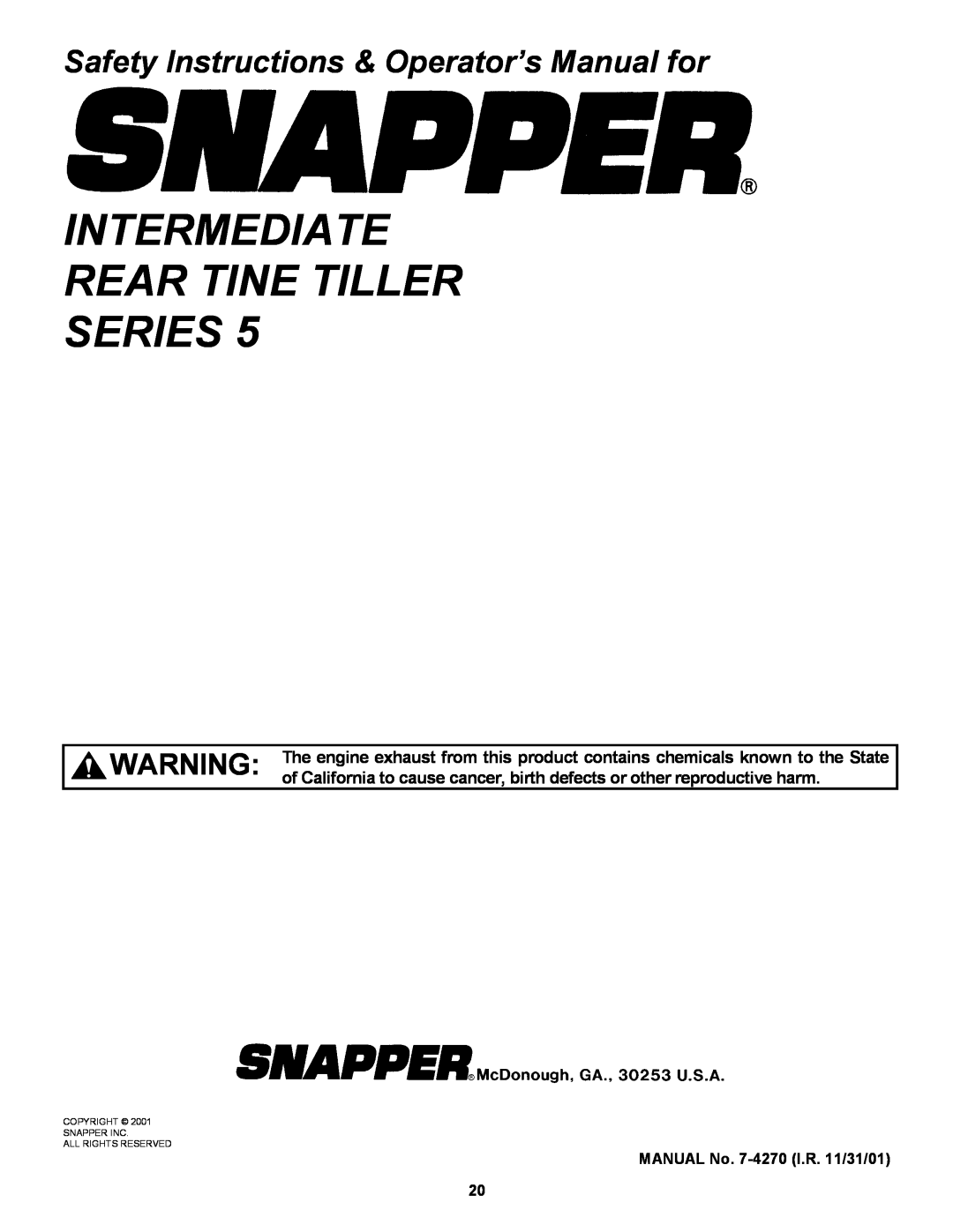 Snapper EICFR5505BV Intermediate Rear Tine Tiller Series, Safety Instructions & Operator’s Manual for 
