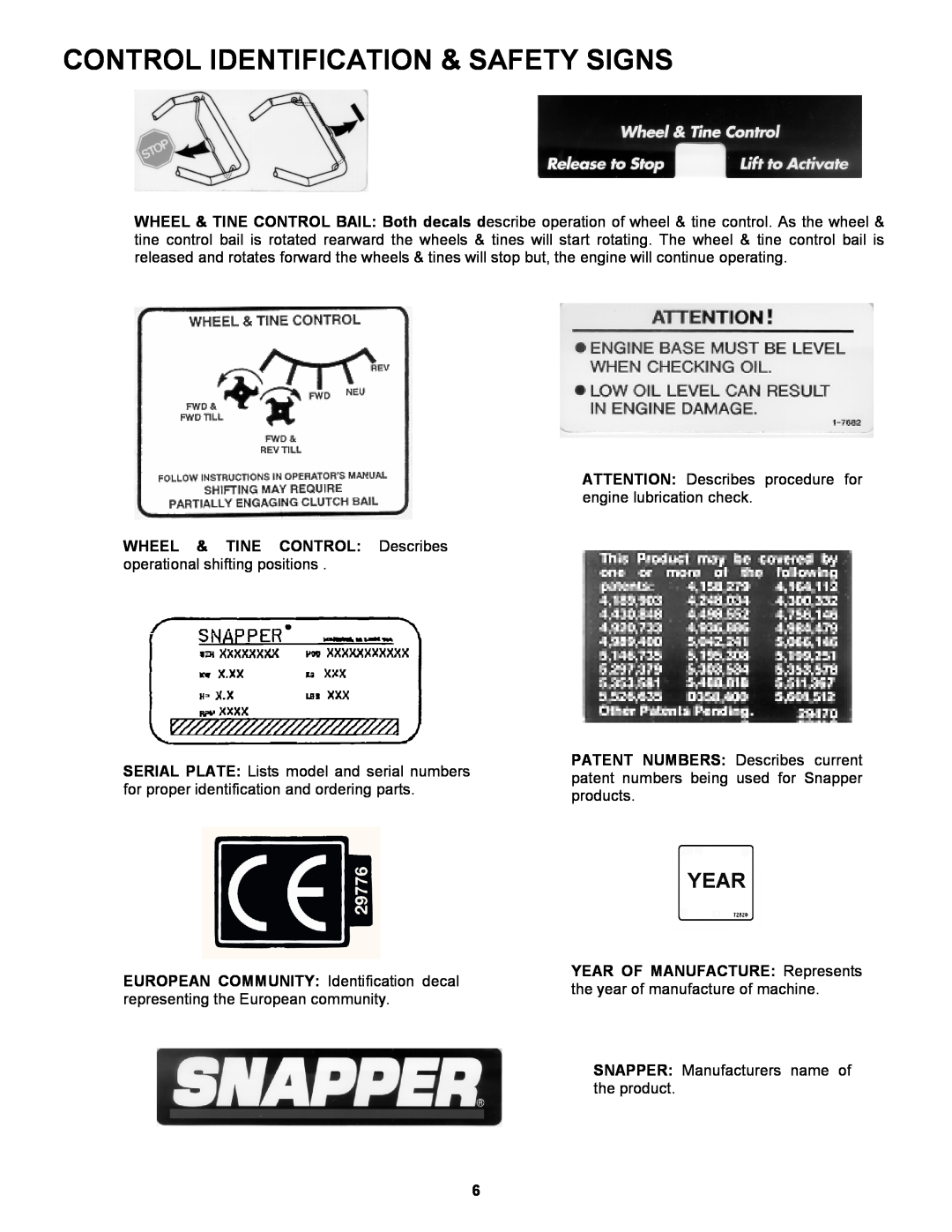 Snapper EICFR5505BV Control Identification & Safety Signs, WHEEL & TINE CONTROL Describes operational shifting positions 