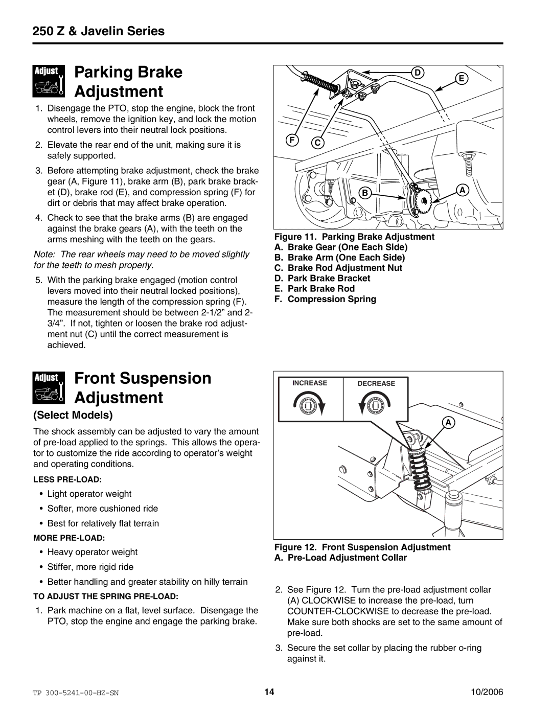 Snapper EJAV20441BVE2 manual Parking Brake Adjustment, Front Suspension Adjustment 