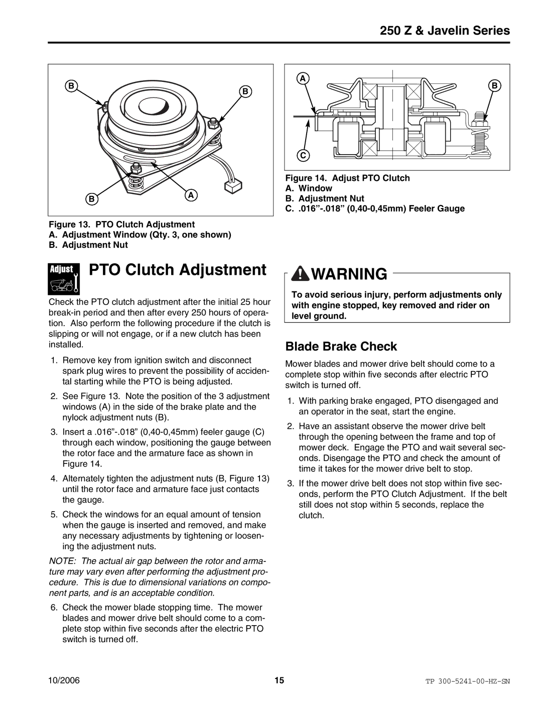 Snapper EJAV20441BVE2 manual PTO Clutch Adjustment, Blade Brake Check 