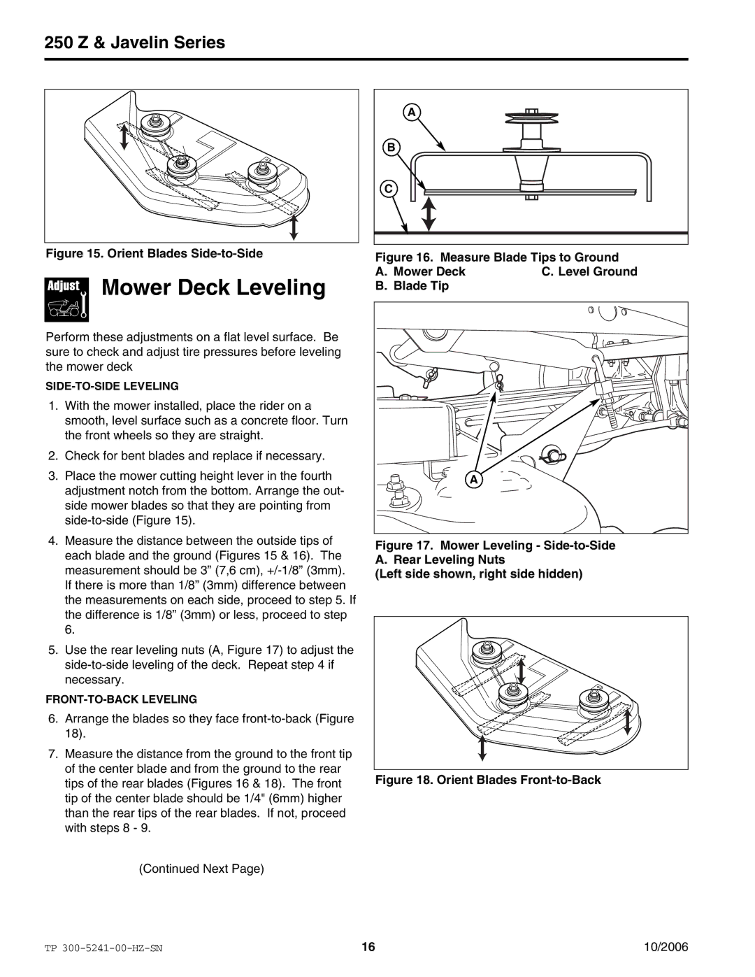 Snapper EJAV20441BVE2 manual Mower Deck Leveling, Orient Blades Side-to-Side 