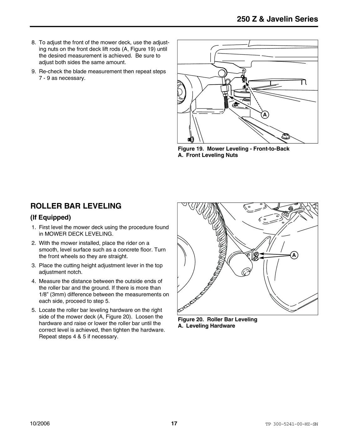 Snapper EJAV20441BVE2 manual Roller BAR Leveling, Mower Leveling Front-to-Back Front Leveling Nuts 