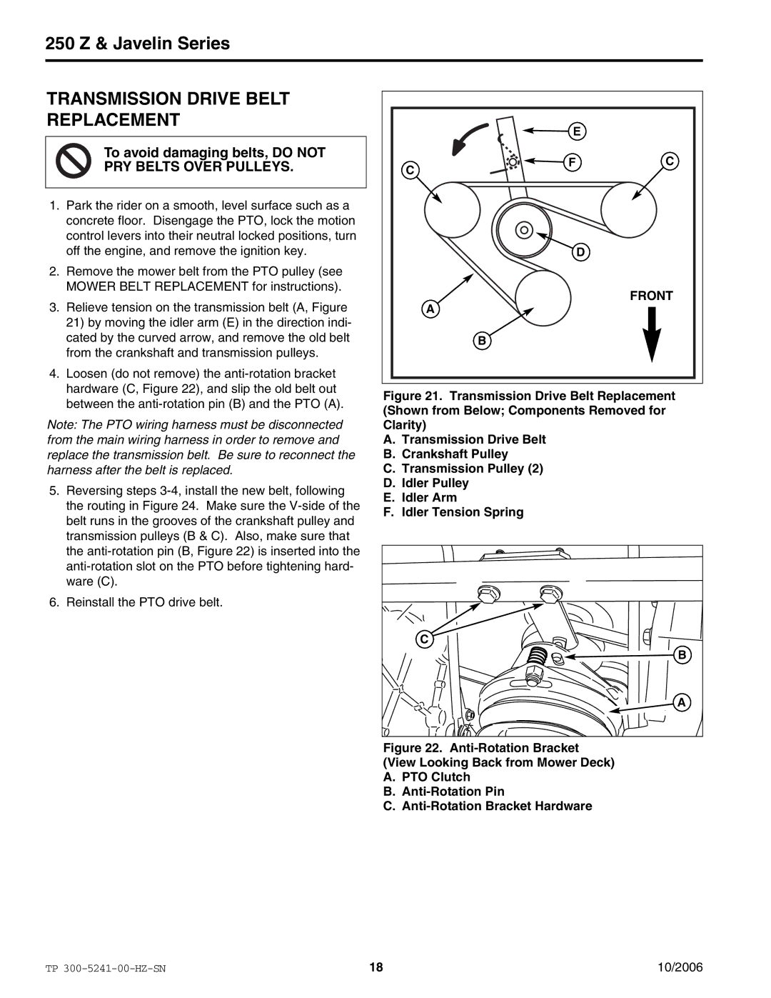 Snapper EJAV20441BVE2 manual Transmission Drive Belt Replacement, PRY Belts Over Pulleys 