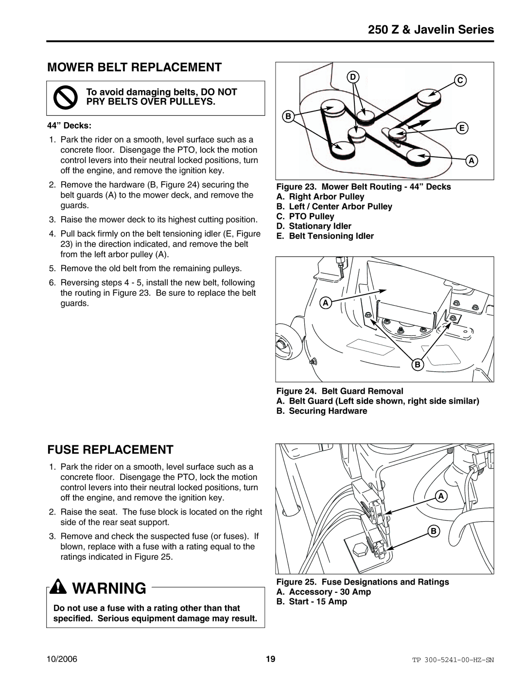 Snapper EJAV20441BVE2 manual Mower Belt Replacement, Fuse Replacement, Decks 