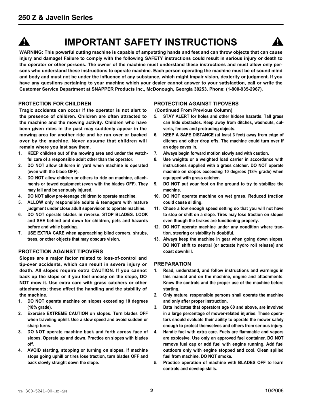 Snapper EJAV20441BVE2 manual Important Safety Instructions, 250 Z & Javelin Series 