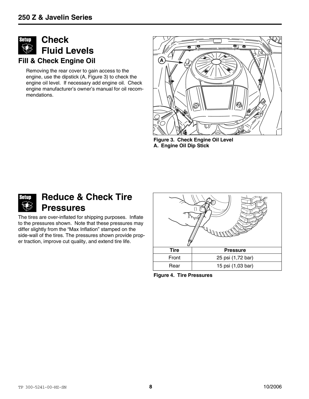 Snapper EJAV20441BVE2 manual Check Fluid Levels, Reduce & Check Tire Pressures, Fill & Check Engine Oil 